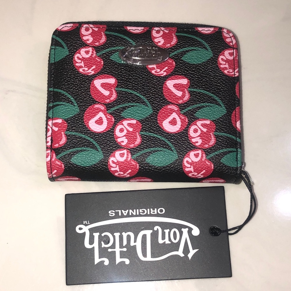 Von Dutch Black Cherry Zip Up Bifold Faux Leather Wallet Logo Accent NWT